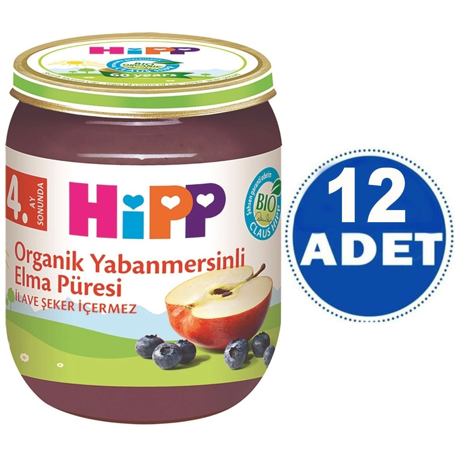 Hipp Kavanoz Maması Organik Yabanmersinli Elma Püresi 125 gr 12 ADET