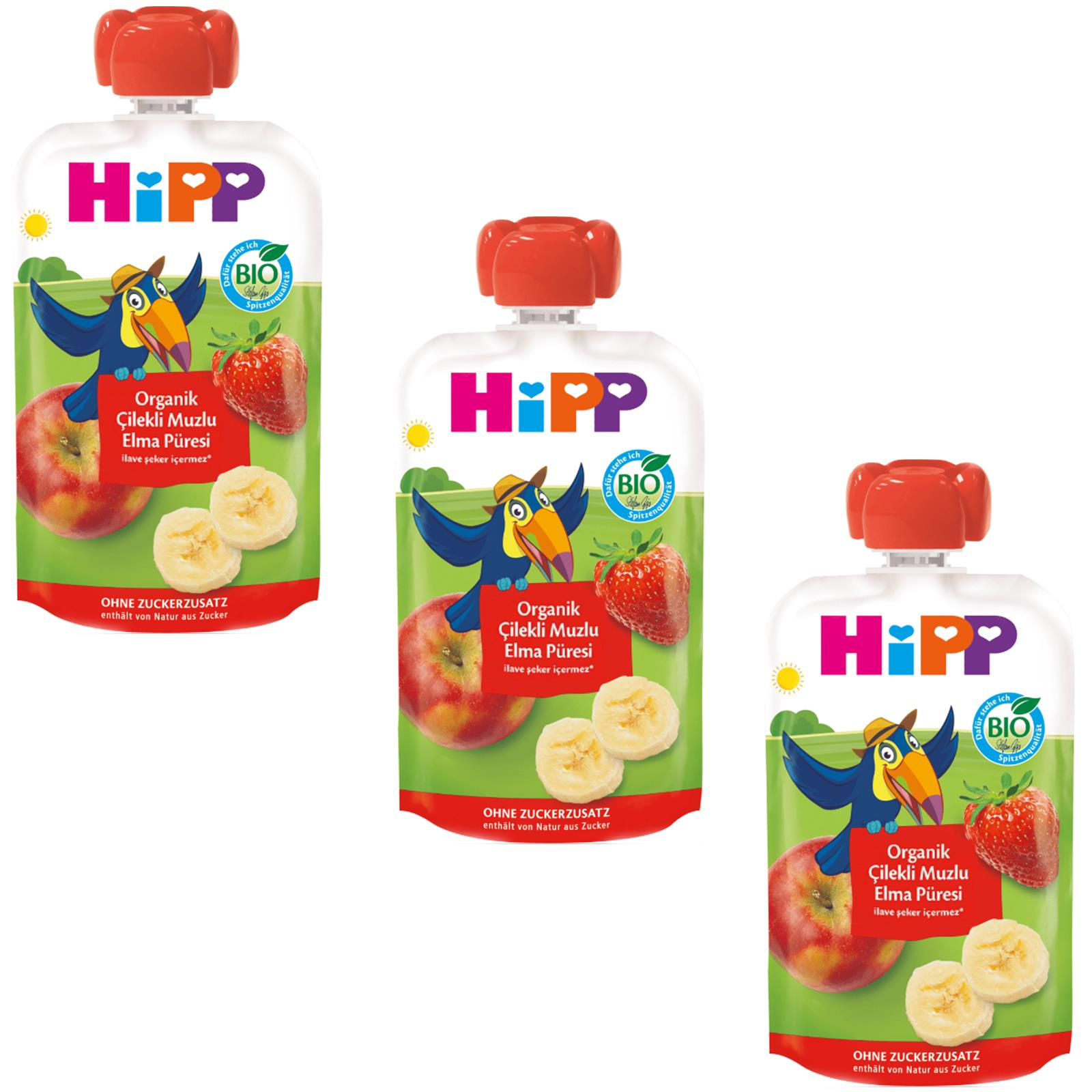 Hipp Organik Çilekli Muzlu Elmalı Meyve Püresi 100 gr 3 ADET