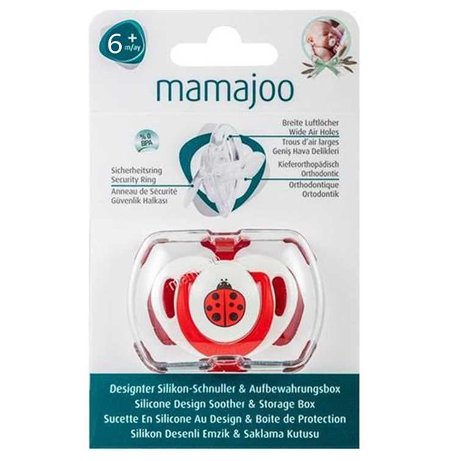 Mamajoo Saklama Kutulu Desenli Ortodontik Silikon Emzik 6+Ay Kırmızı
