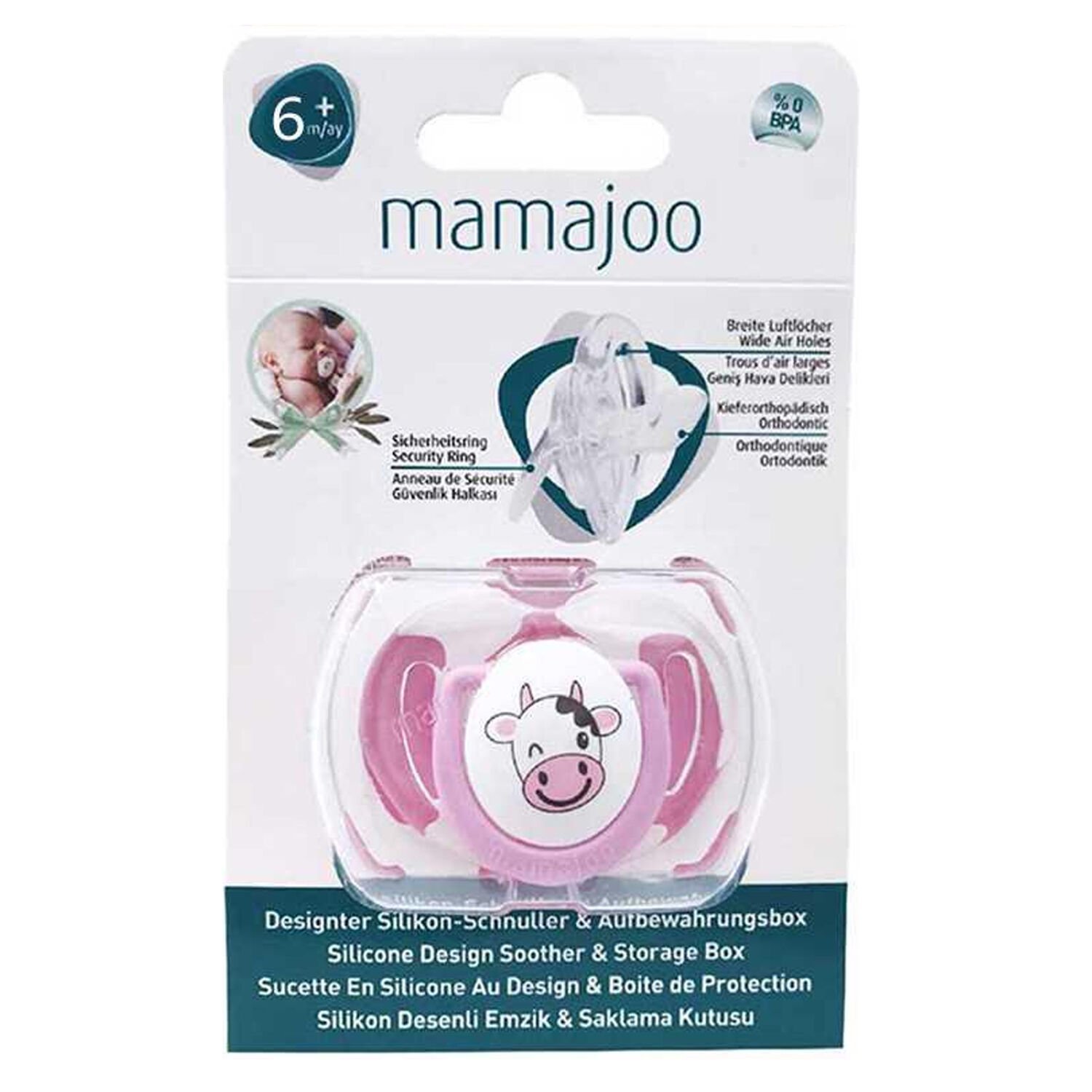 Mamajoo Saklama Kutulu Desenli Ortodontik Silikon Emzik 6+Ay Pembe