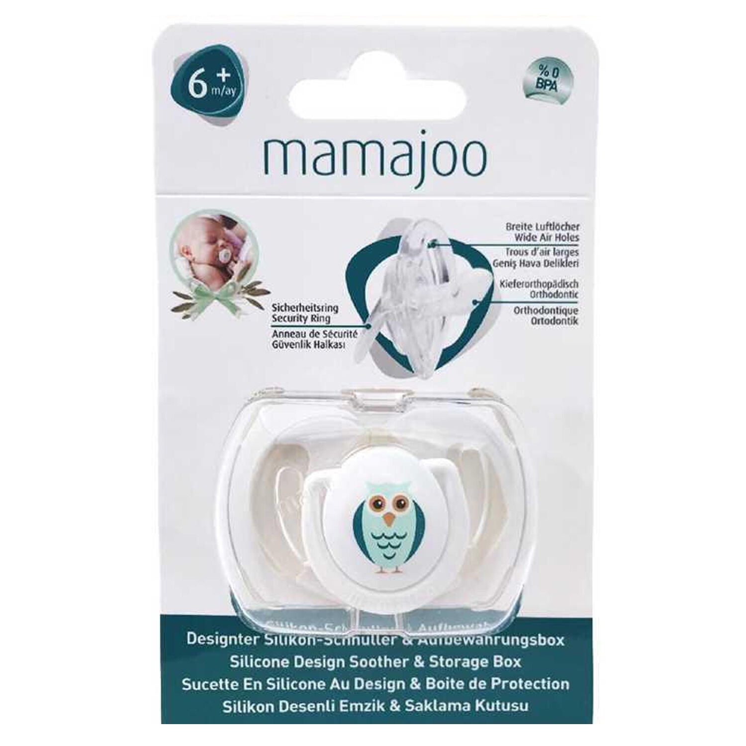 Mamajoo Saklama Kutulu Desenli Ortodontik Silikon Emzik 6+Ay Beyaz