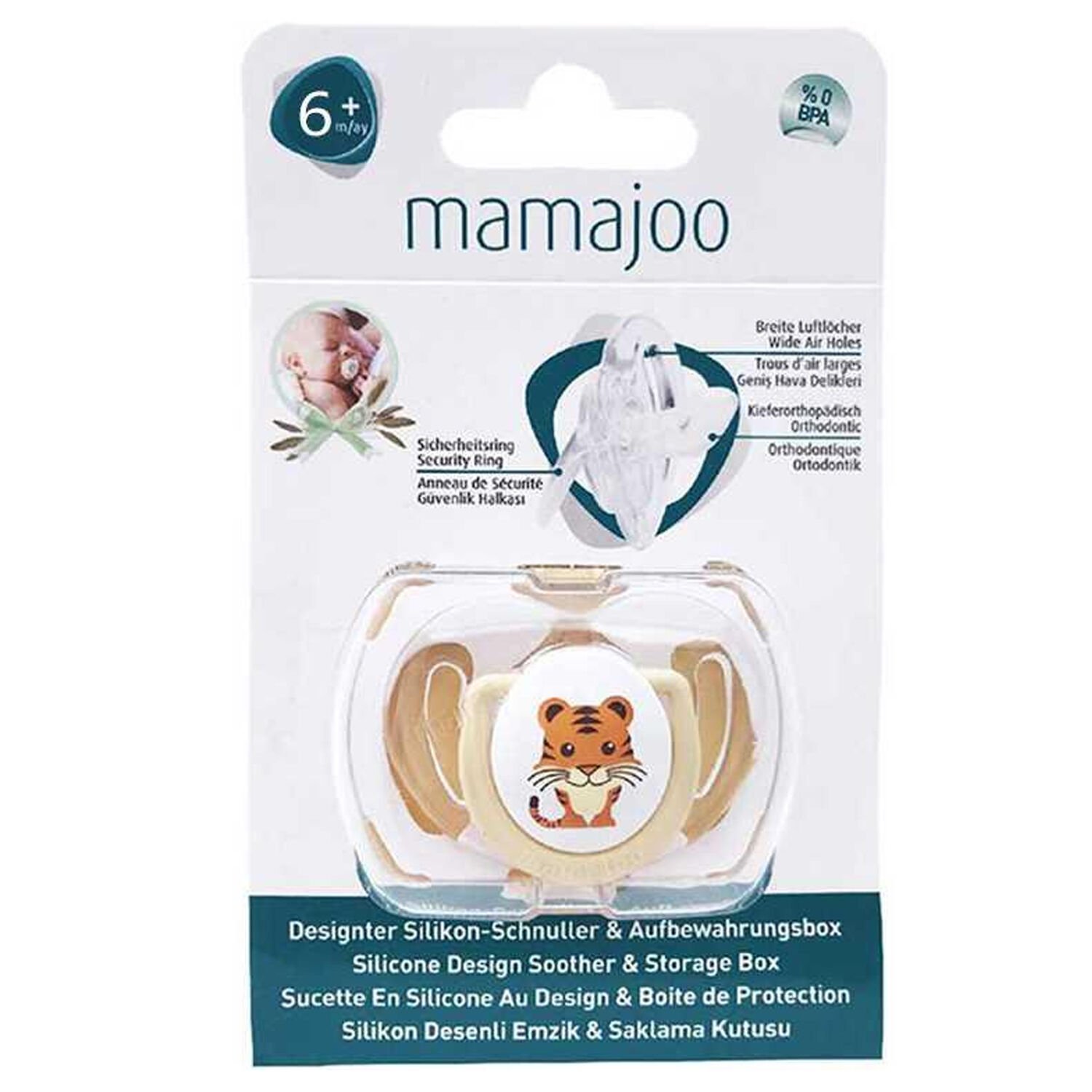 Mamajoo Saklama Kutulu Desenli Ortodontik Silikon Emzik 6+Ay Kahverengi