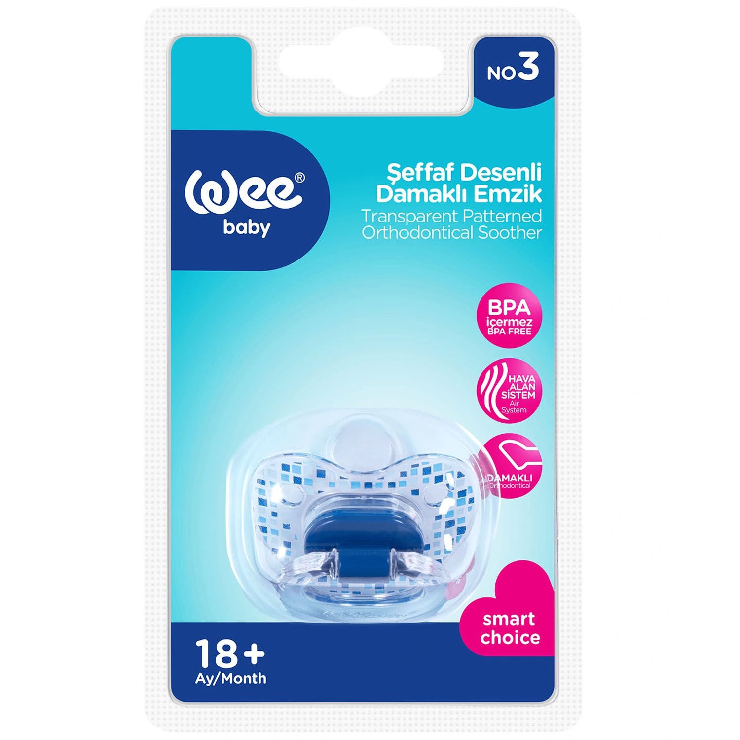 Wee Baby Şeffaf Desenli Damaklı No 3 Emzik 18+ Ay Mavi