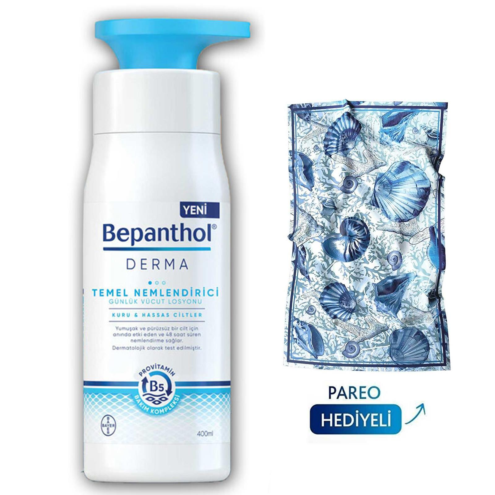 Bepanthol Derma Temel Nemlendirici Günlük Vücut Losyonu 400 ml + Tuvana Büyükçınar Tasarımlı Pareo Hediye