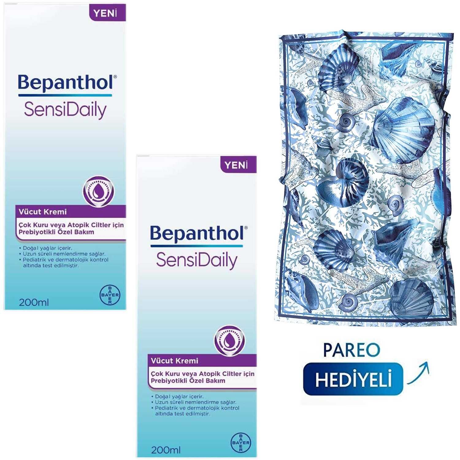 Bepanthol SensiDaily Vücut Kremi 200 ml 2 ADET + Tuvana Büyükçınar Tasarımlı Pareo Hediye