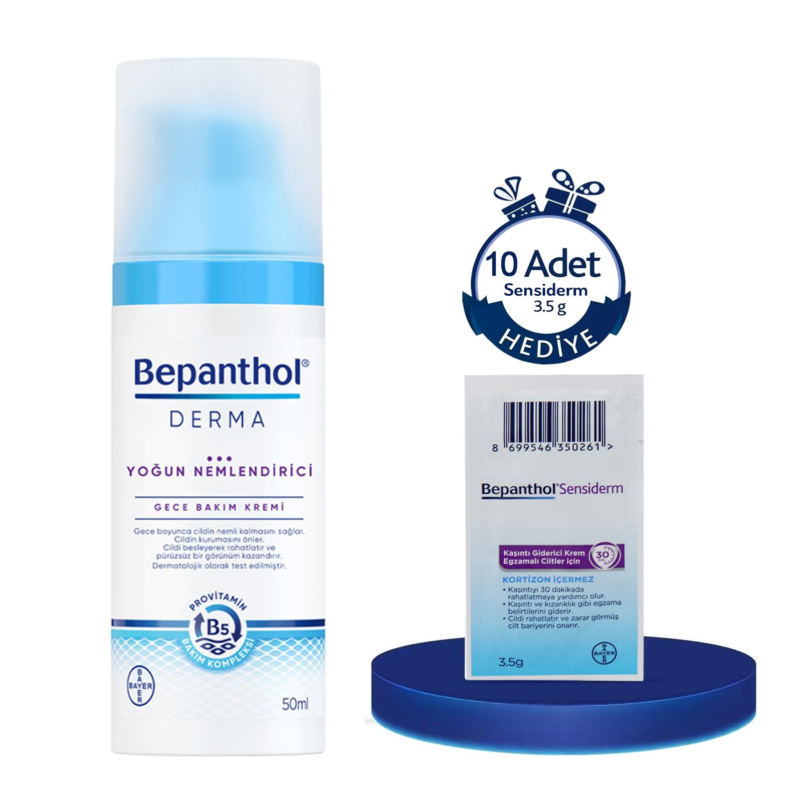Bepanthol Derma Yoğun Nemlendirici Gece Bakım Kremi 50 ml + Sensiderm Krem 3.5 gr 10 Adet Hediye