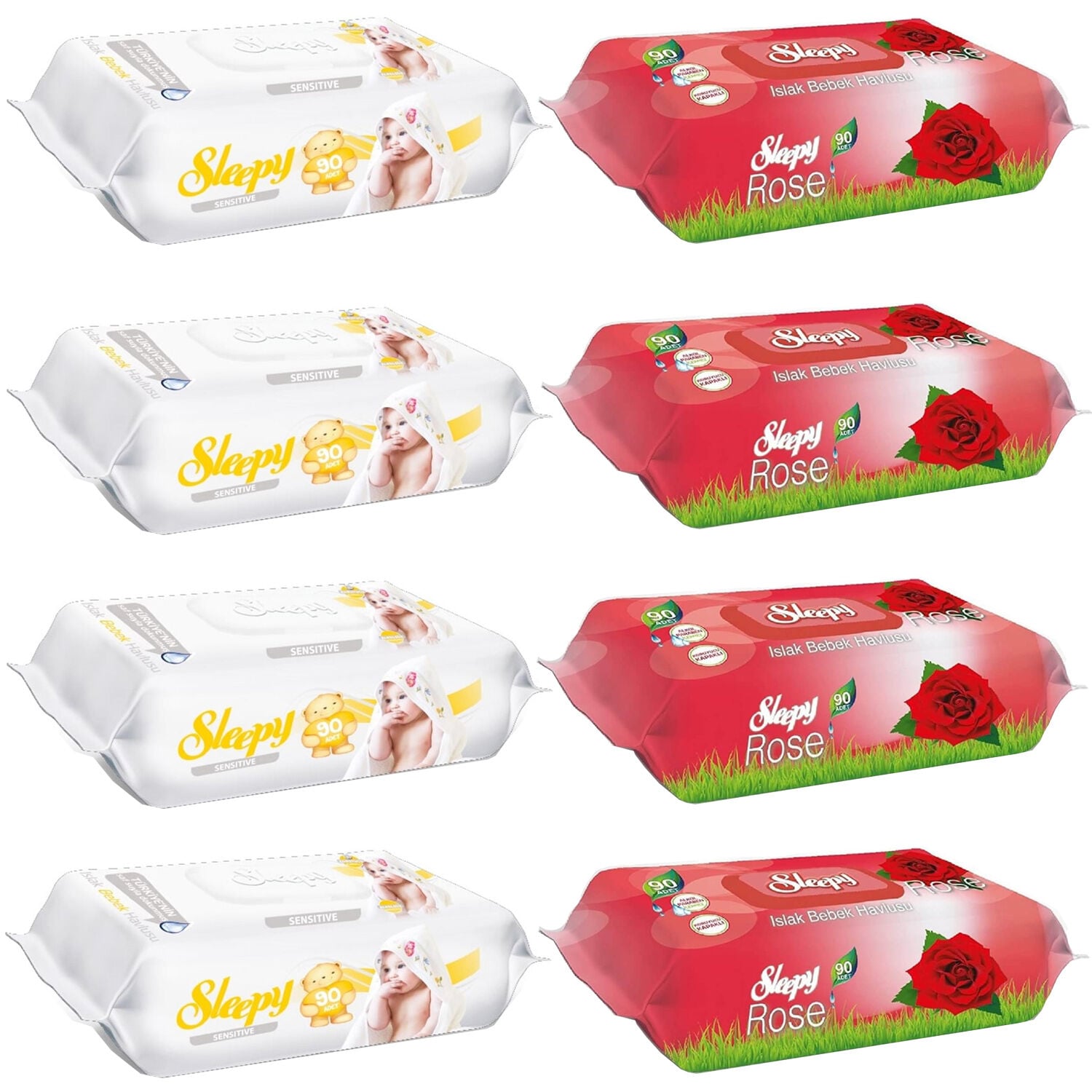 Sleepy Sensitive Islak Havlu 90 lı 4 Adet + Gül Kokulu 90 lı 4 ADET