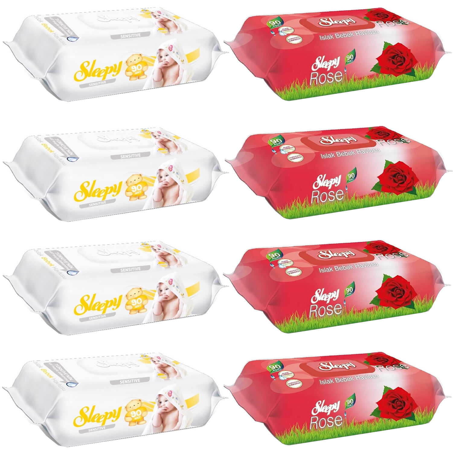 Sleepy Sensitive Islak Havlu 90 lı 4 Adet + Gül Kokulu 90 lı 4 ADET