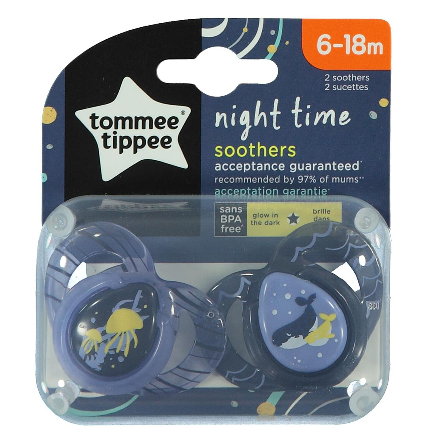Tommee Tippee Ortodontik Gece Emziği 2'li 6-18 Ay Desenli Mavi
