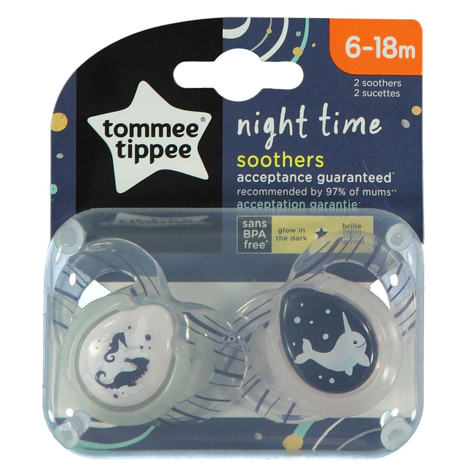 Tommee Tippee Ortodontik Gece Emziği 2'li 6-18 Ay Desenli Şeffaf