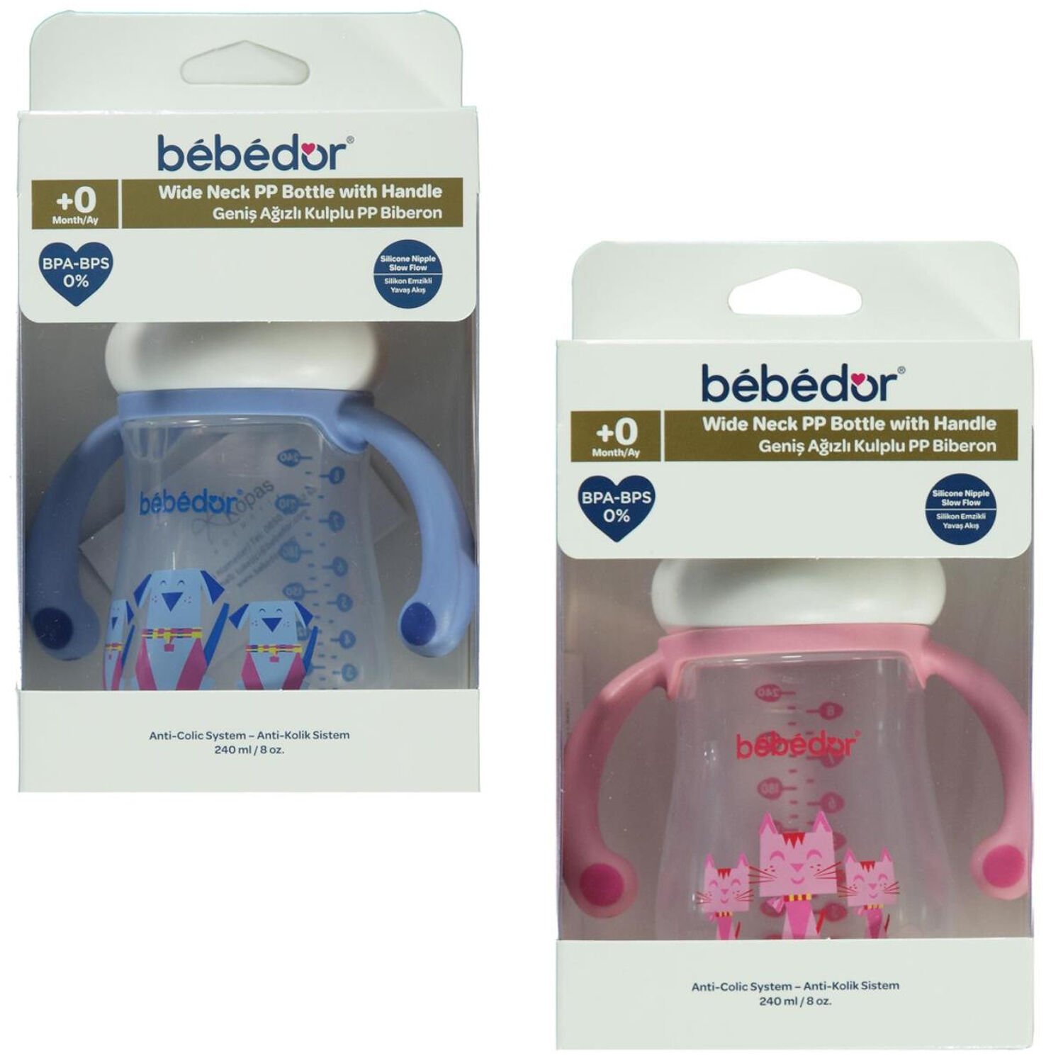 Bebedor Geniş Ağızlı Kulplu PP Biberon Antikolik Sistem 240 ml