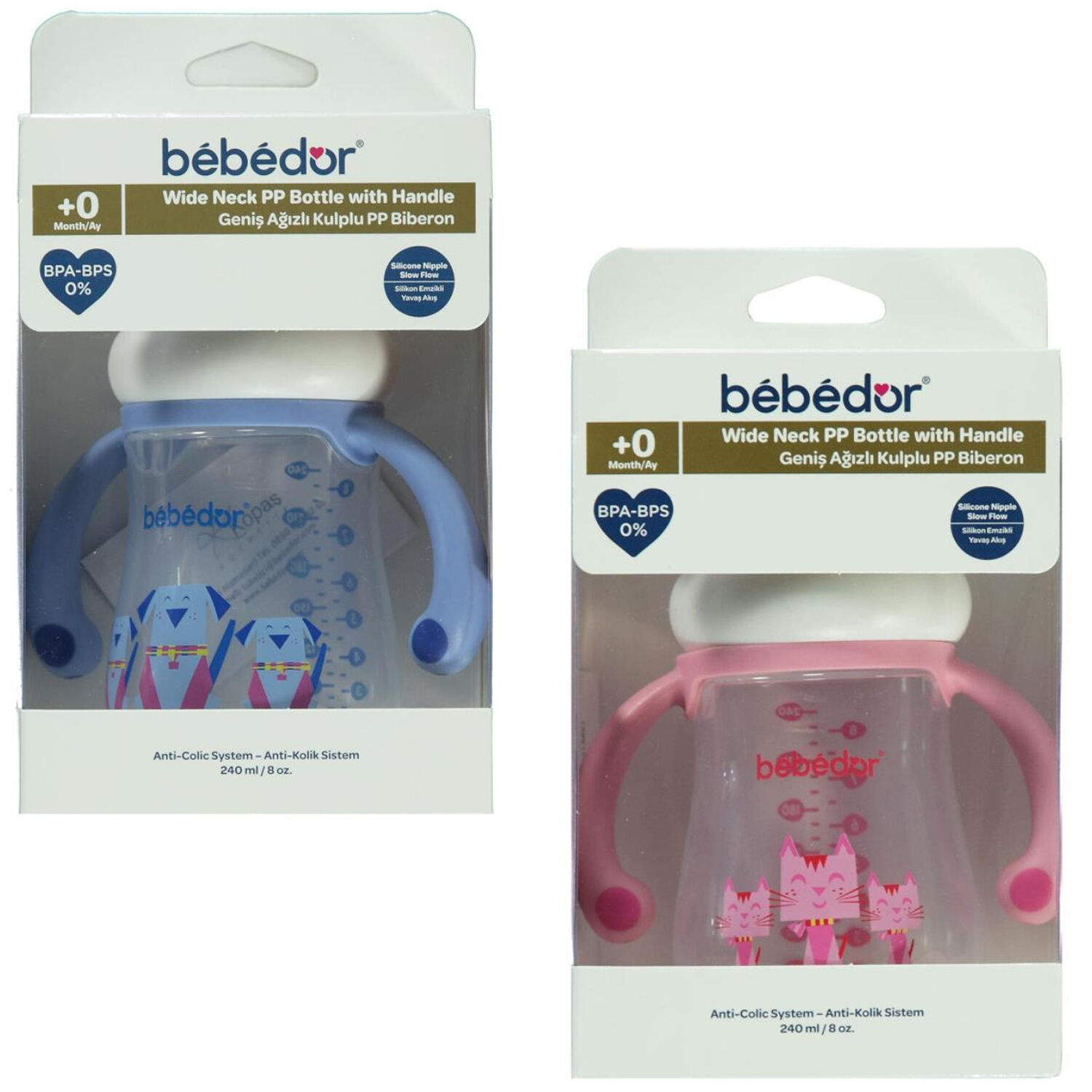 Bebedor Geniş Ağızlı Kulplu PP Biberon Antikolik Sistem 240 ml