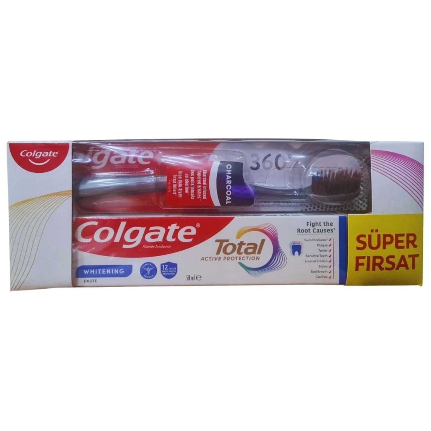 Colgate Total Aktif Koruma Beyazlık Diş Macunu 50 ml + 360 Charcoal Diş Fırçası