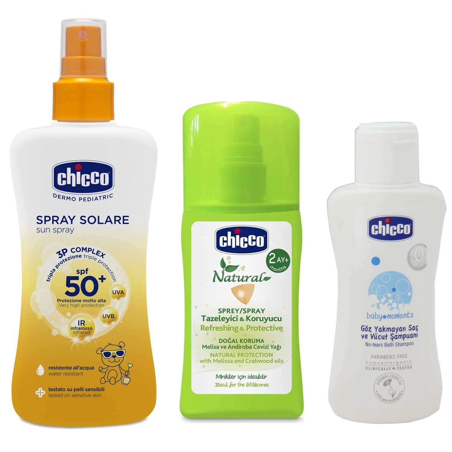 Chicco Güneş Spreyi Spf50+ 150 ml + Tazeleyici Ve Koruyucu Sprey 100 ml + Şampuan 100 ml 3 lü Set