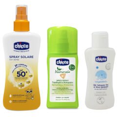 Chicco Güneş Spreyi Spf50+ 150 ml + Tazeleyici Ve Koruyucu Sprey 100 ml + Şampuan 100 ml 3 lü Set