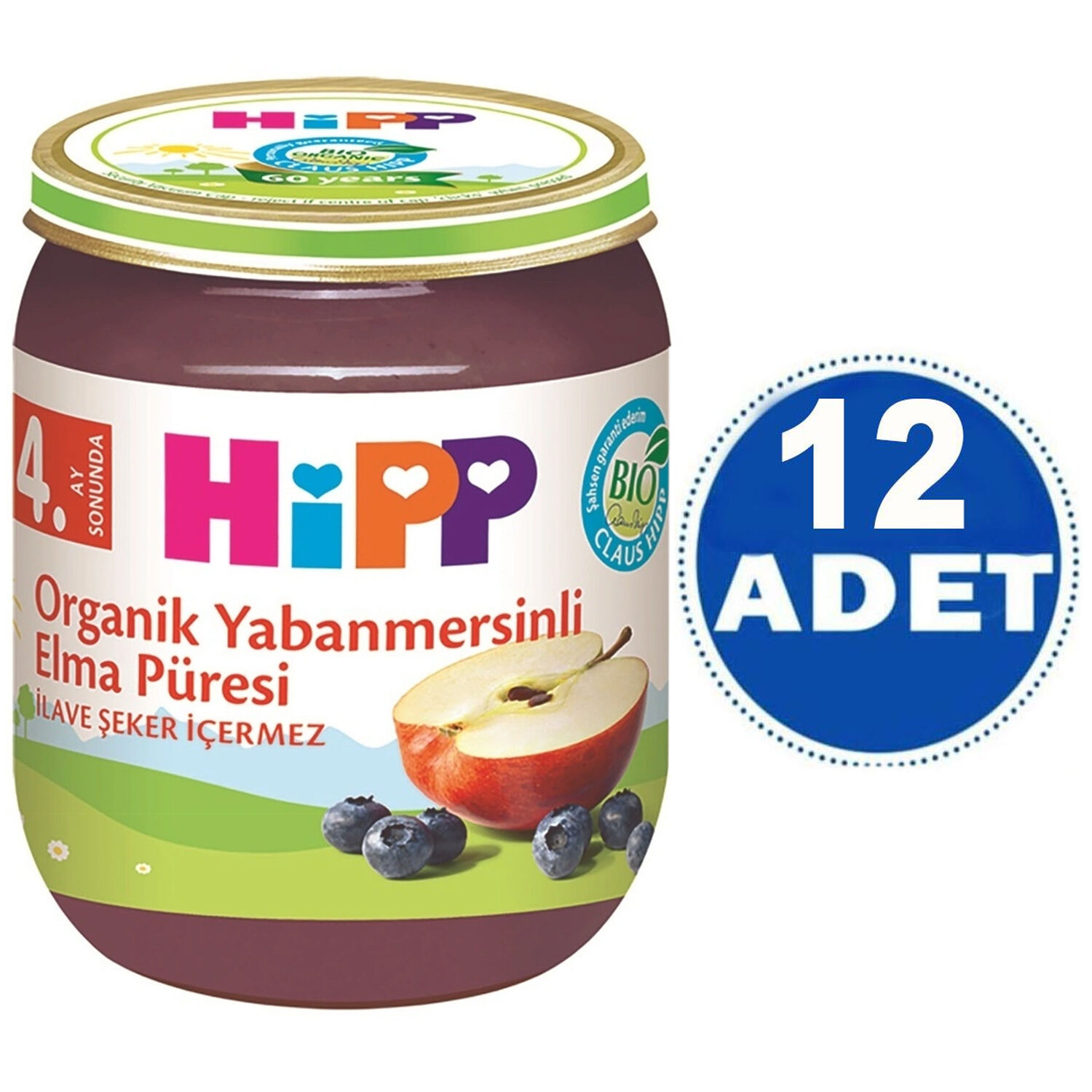 Hipp Kavanoz Maması Organik Yabanmersinli Elma Püresi 125 gr 12 ADET