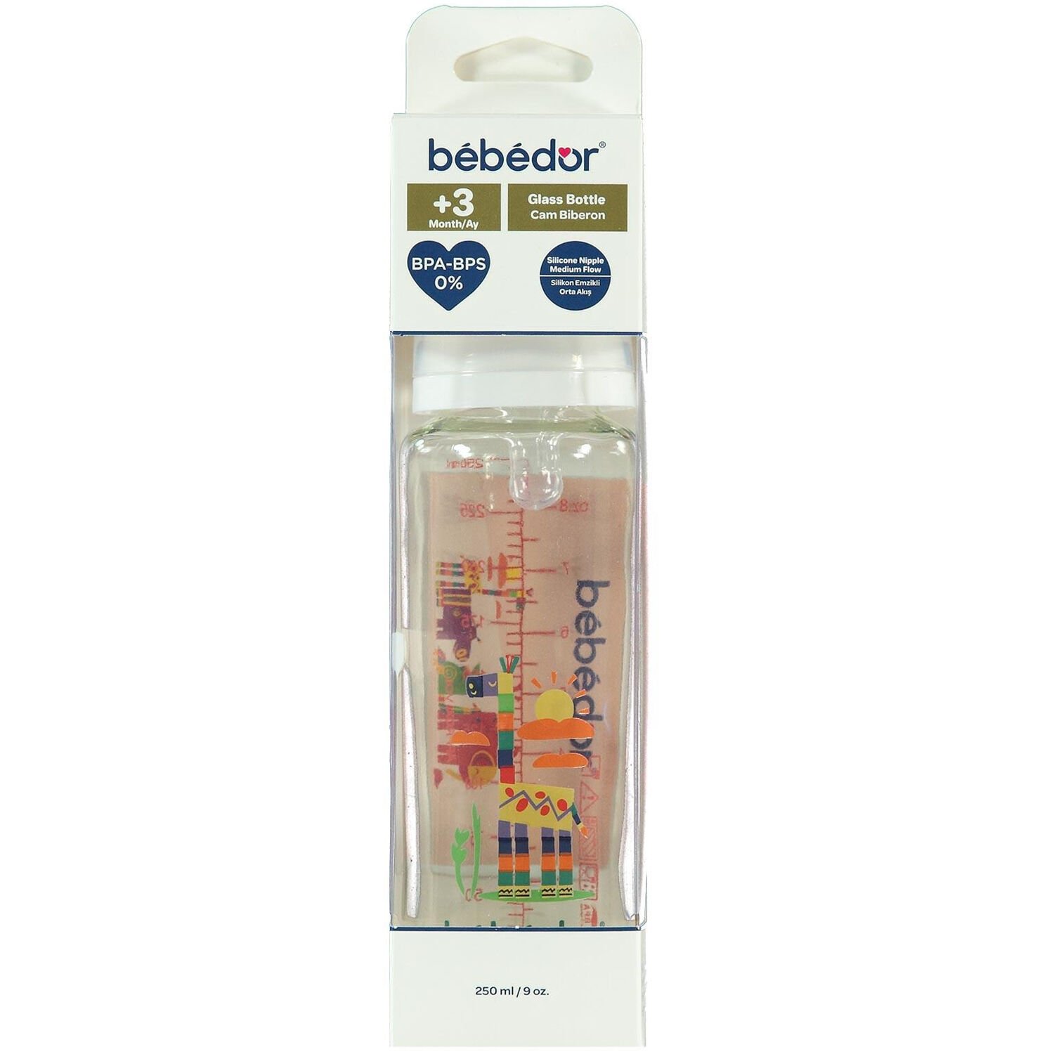 Bebedor Sevimli Zürafa Desenli Cam Biberon 3+ Ay 250 ml