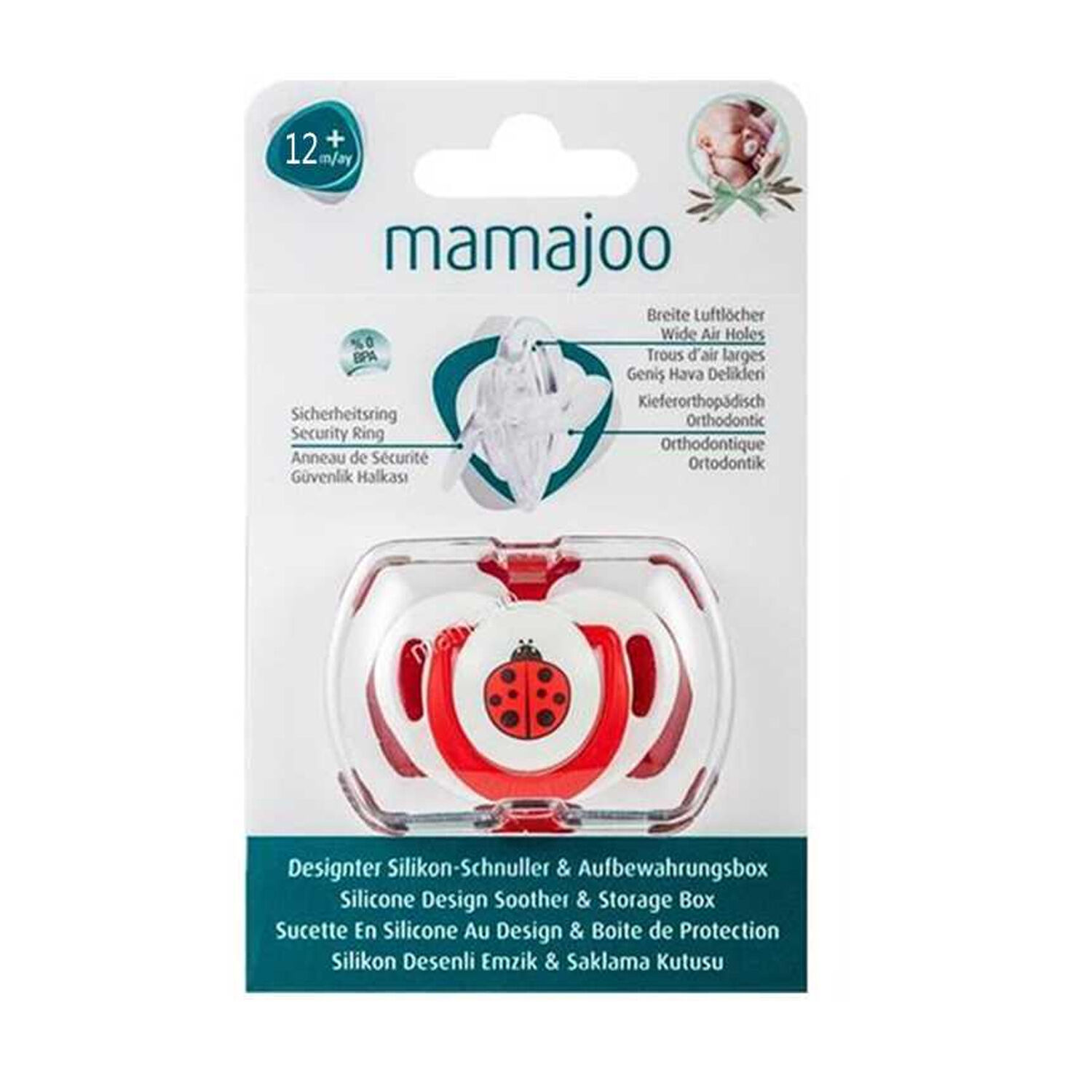 Mamajoo Saklama Kutulu Desenli Ortodontik Silikon Emzik 12+Ay Kırmızı