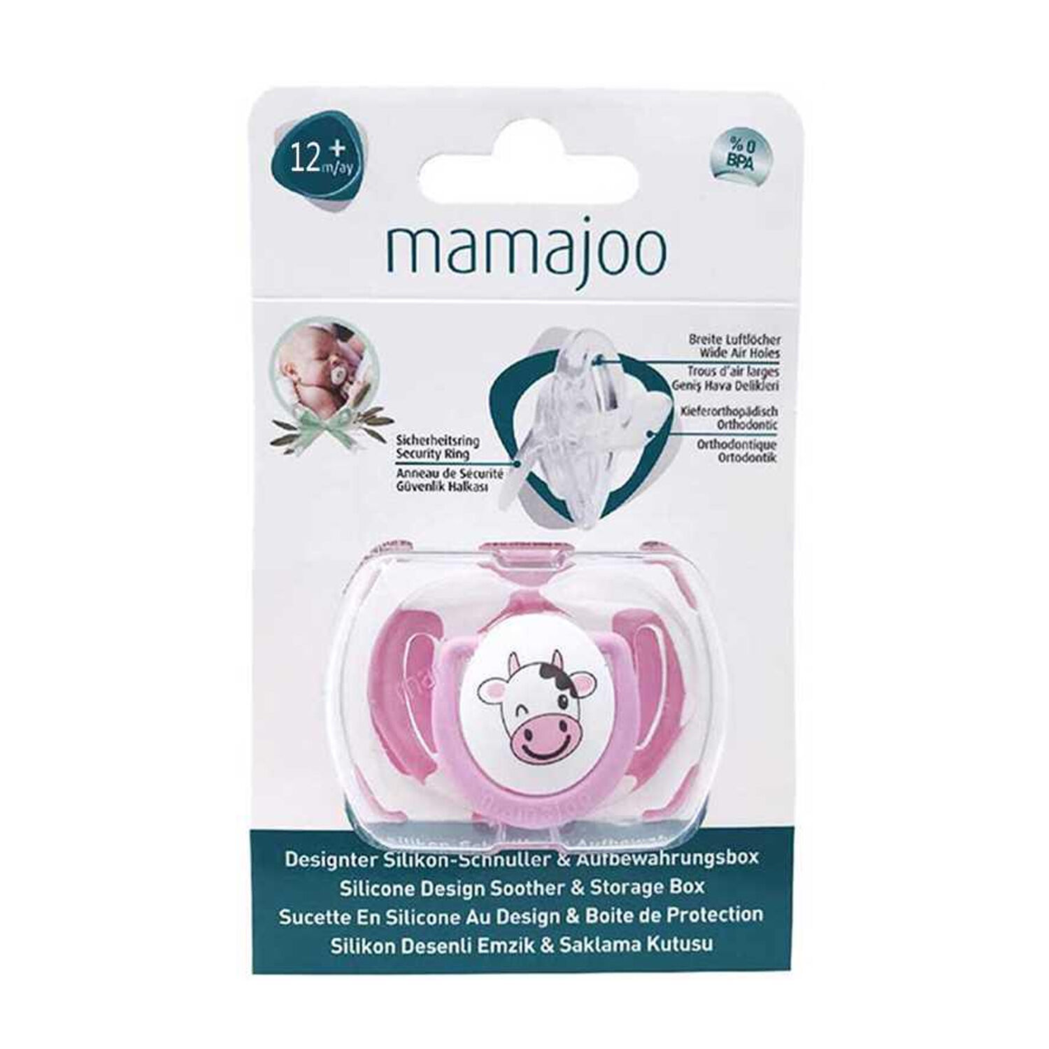 Mamajoo Saklama Kutulu Desenli Ortodontik Silikon Emzik 12+Ay Pembe
