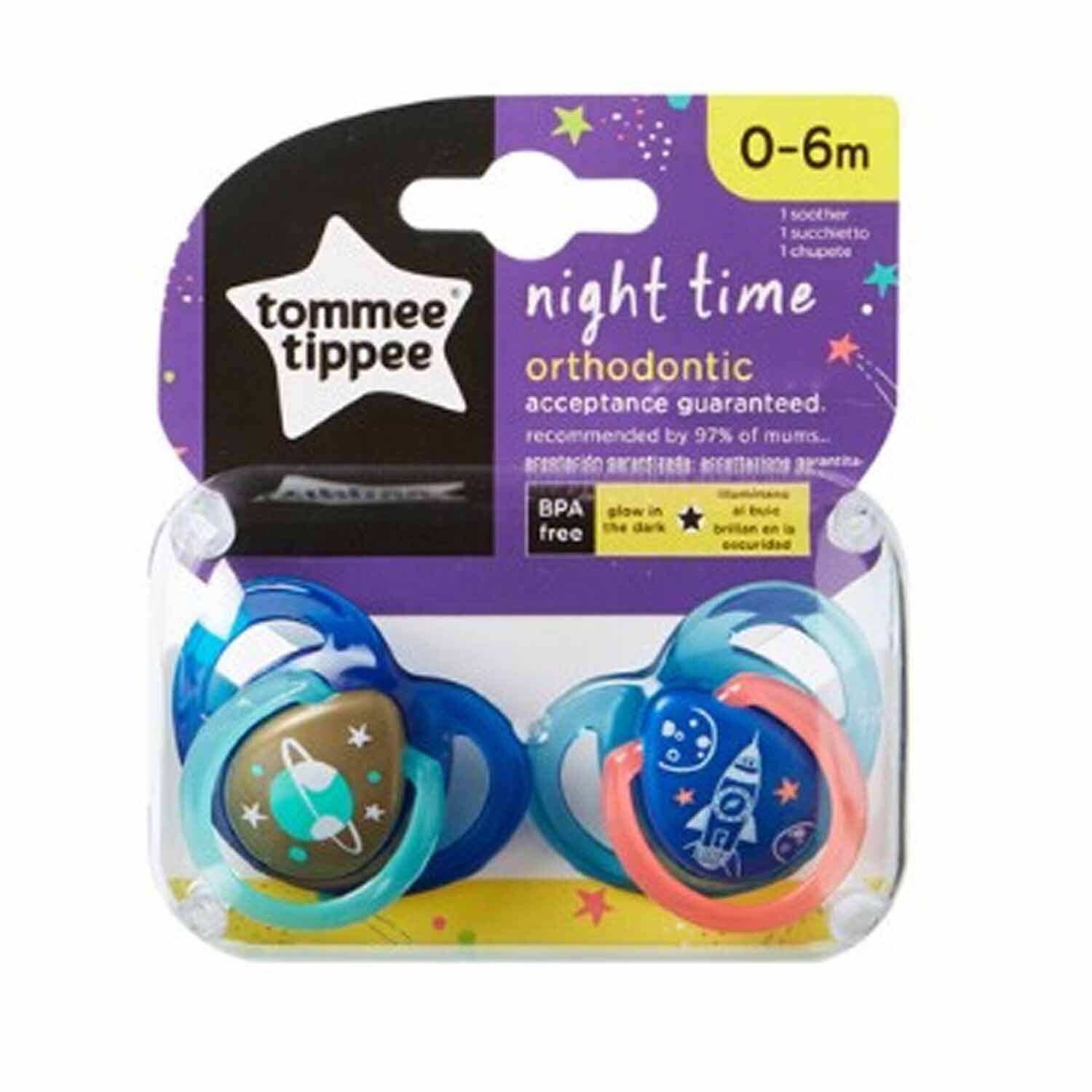 Tommee Tippee Ortodontik Gece Emziği 2'li 0-6 Ay Mavi