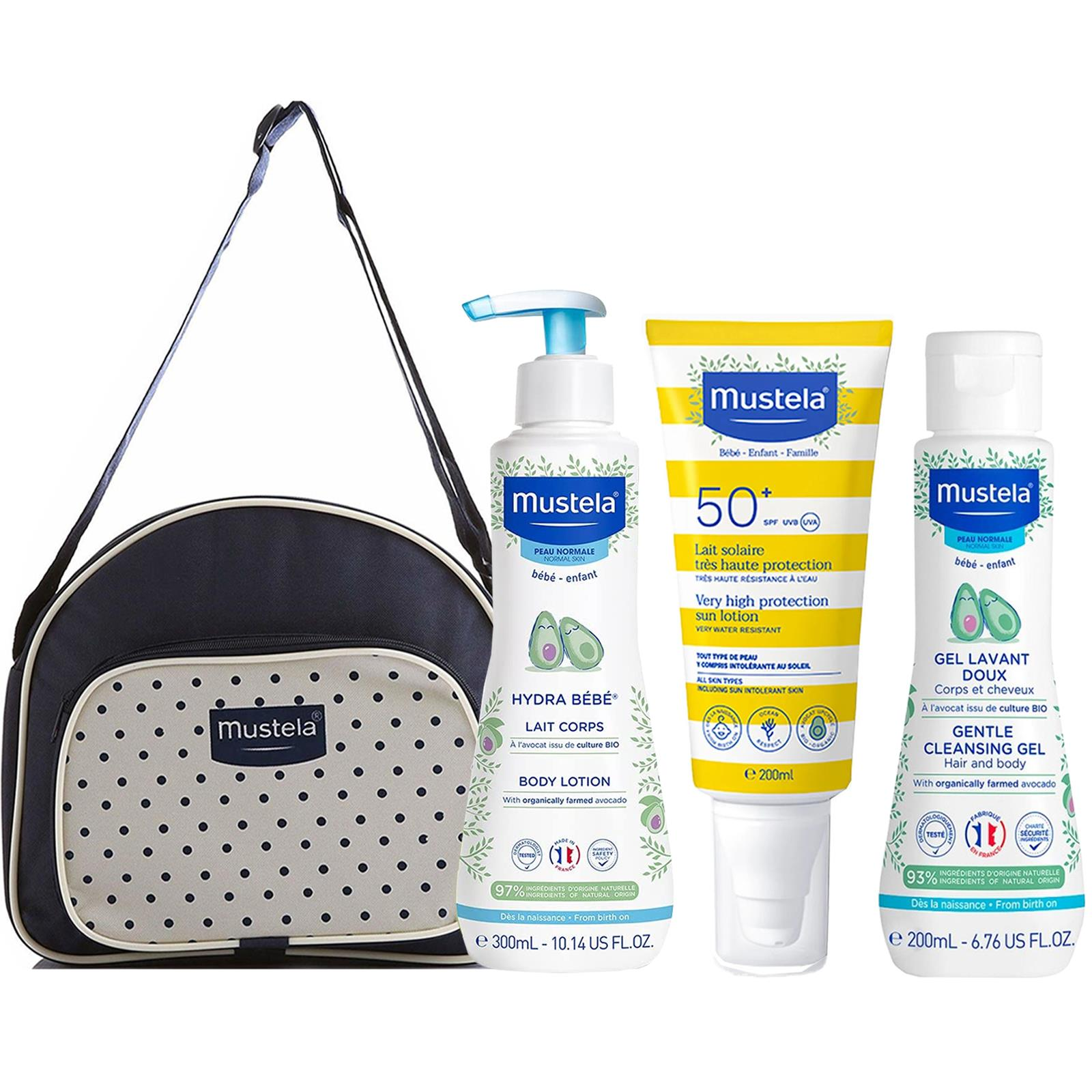 Mustela Çantalı Güneş Bakım Seyahat Seti - Güneş Losyonu 200 ml Vücut Losyonu 300 ml Yenidoğan Şampuan 200 ml