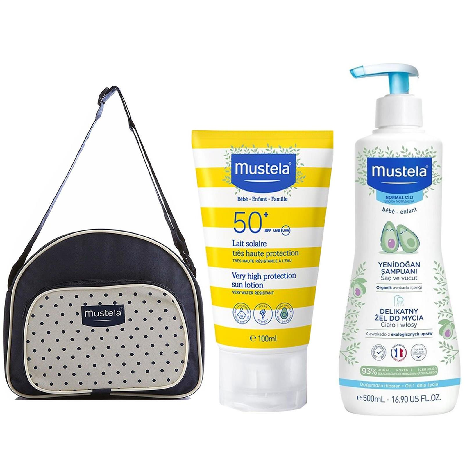 Mustela Çantalı Güneş Bakım Seyahat Seti - Yenidoğan Saç Vücut Şampuanı 500 ml Güneş Losyonu 100 ml