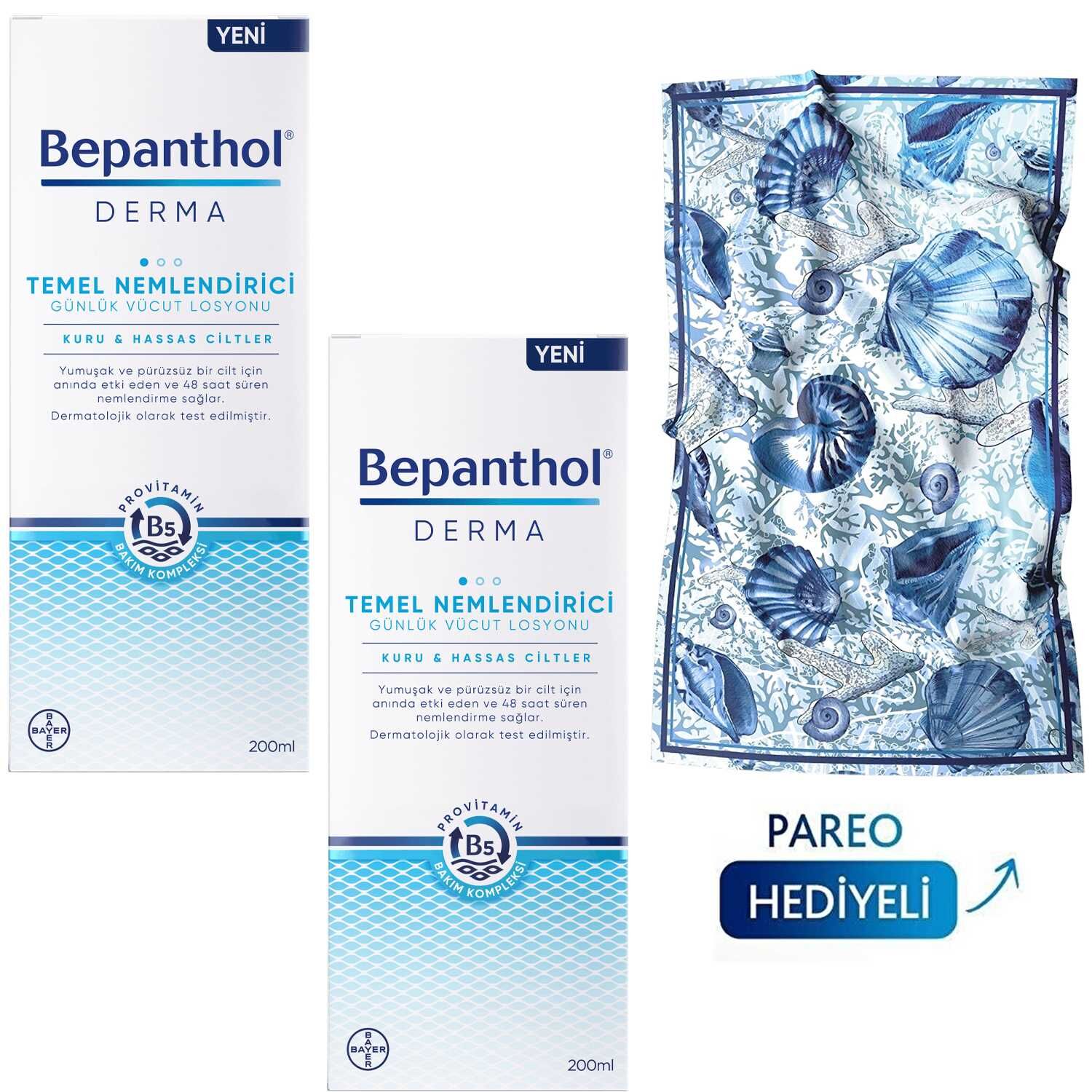 Bepanthol Derma Temel Nemlendirici Vücut Losyonu 200 ml 2 ADET + Bikini Üstü Örtü Hediye