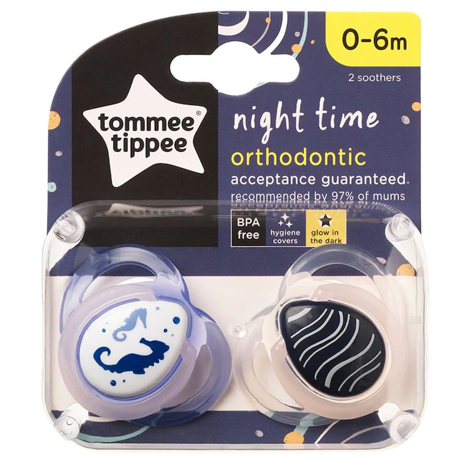 Tommee Tippee Ortodontik Gece Emziği 2'li 0-6 Ay Desenli Şeffaf