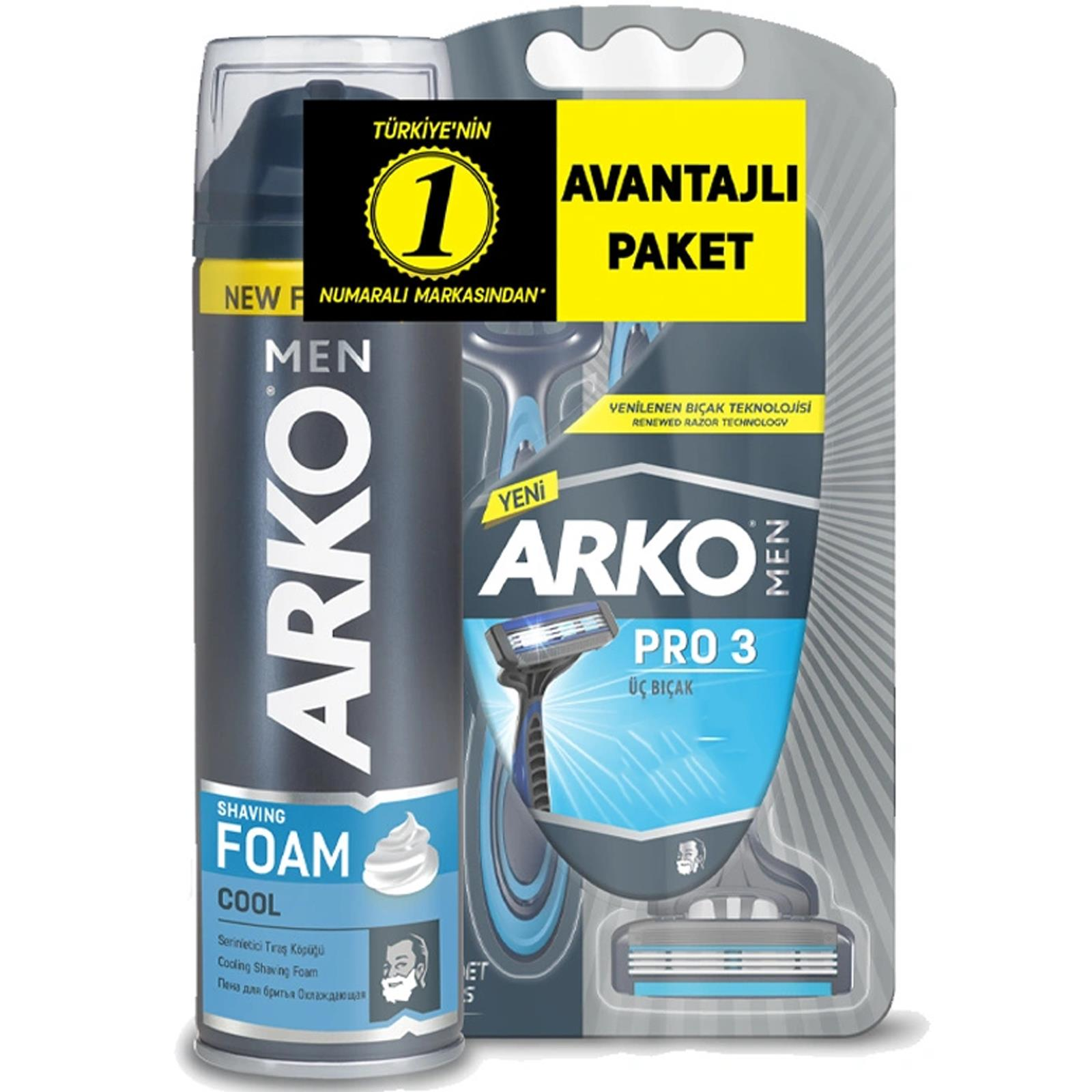 Arko Men T3 Pro 3 Bıçaklı Tıraş Bıçağı 3 lü + Cool Tıraş Köpüğü 200 ml Avantaj Paket
