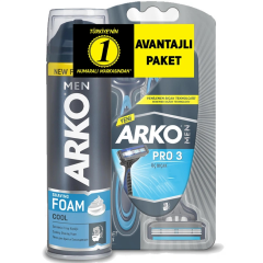 Arko Men T3 Pro 3 Bıçaklı Tıraş Bıçağı 3 lü + Cool Tıraş Köpüğü 200 ml Avantaj Paket